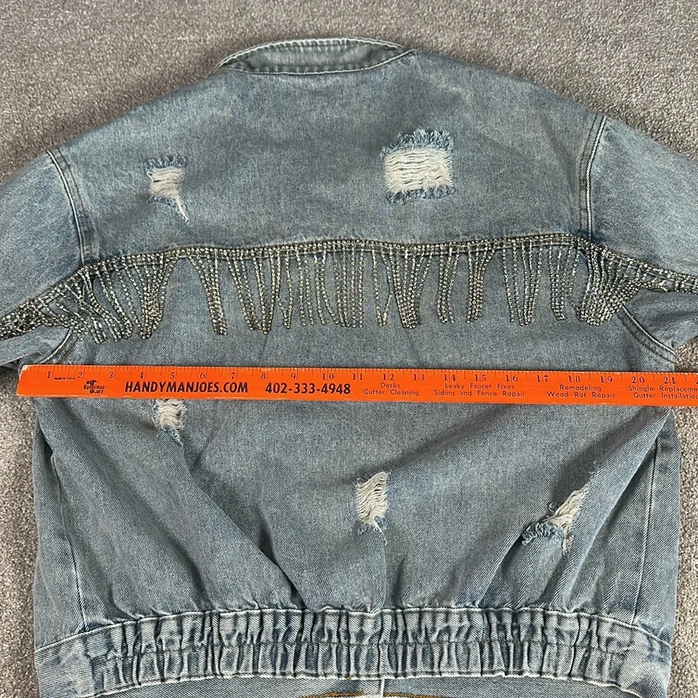 Distressed, rhinestone, fringe, jean jacket,‎ grunge, punk band rock